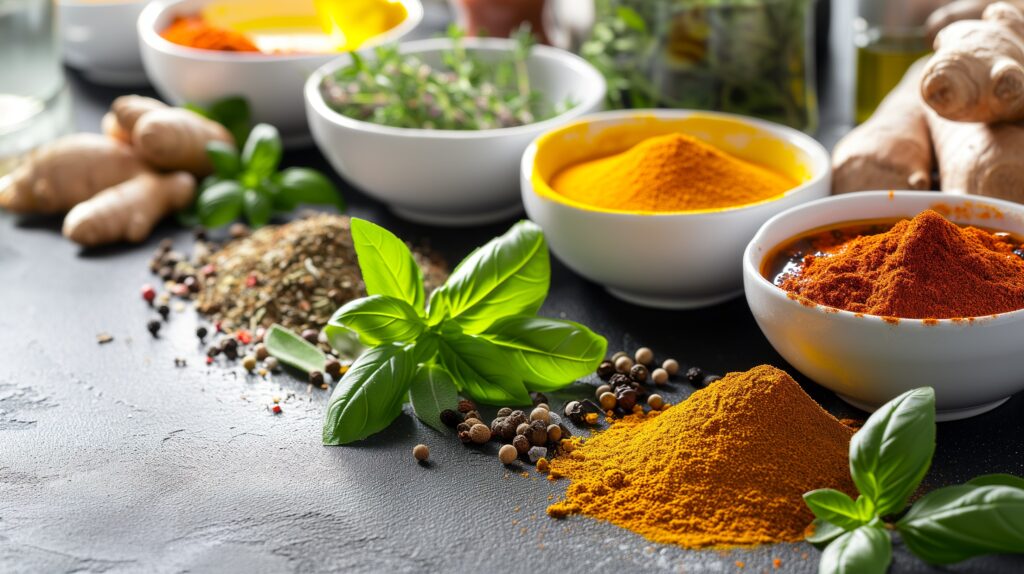 Basil, oregano, or rosemary, and spices like turmeric or ginger to enhance your meals.